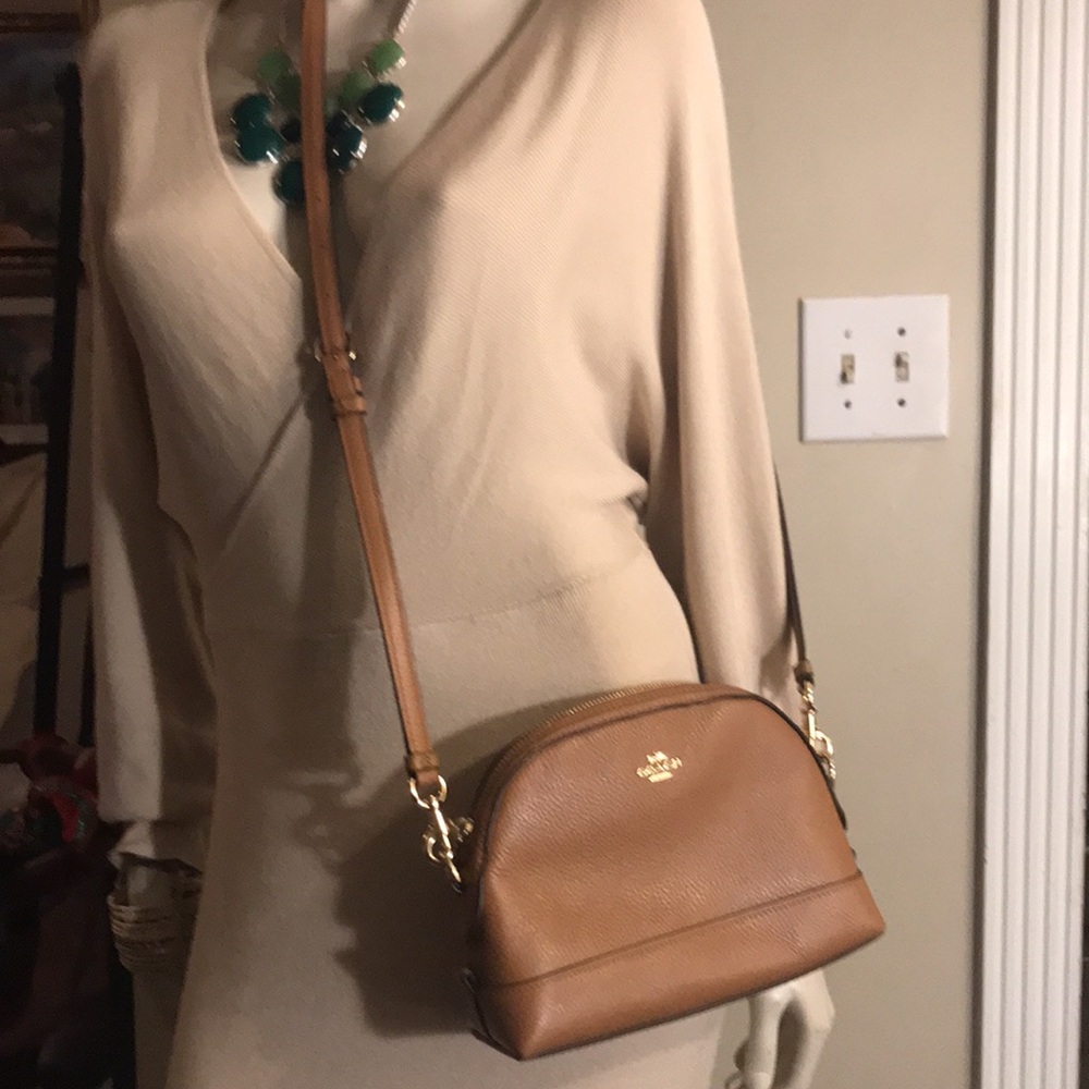 Coach Dome Women’s Brown Pebble Leather Adjustable Strap Gold Logo Crossbody Bag - Picture 9 of 9